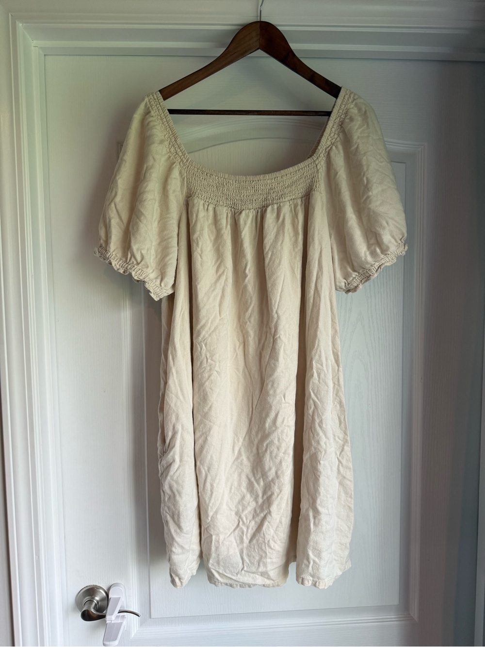 Wonderly Cream Smocked Square-Neck Puff Sleeve mini dress